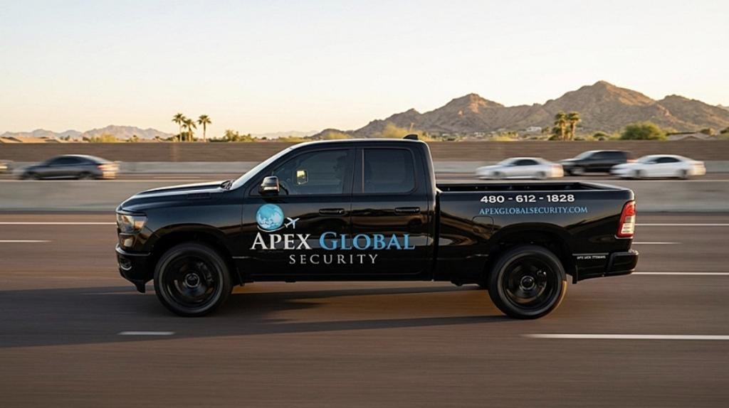 Apex Global Security patrol vehicle on highway
